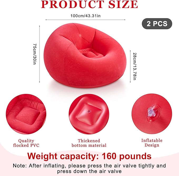 Realspring 2 Pcs Inflatable Bean Bag Chairs with Electric Air Pump Outdoor Blow up Chair Inflatable Lazy Sofa Folding Portable Loungers Couch for Living Room Bedroom(Red)