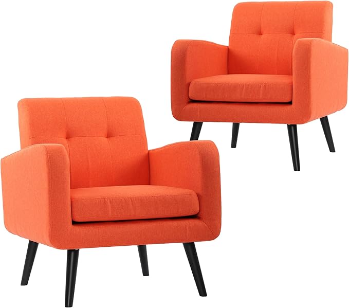 LSSPAID Accent Chairs Set of 2, Modern Orange Linen Fabric Living Room Chairs, Comfy Upholstered Armchairs Single Sofa Chair with Solid Wood Legs for Apartment, Reading, Office