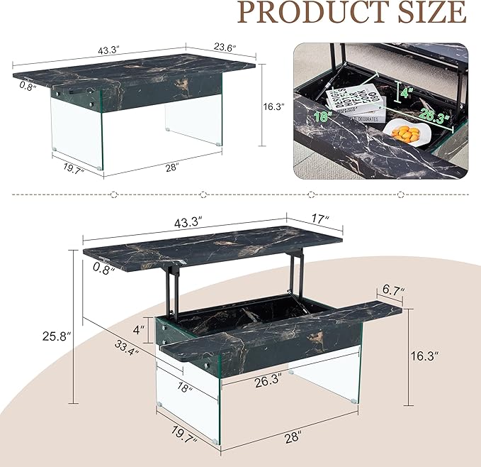 HanStrong 43.3" Lift-Top Coffee Table with Storage,Marble & Tempered Glass Space-Saving for Living Room,Office,Black