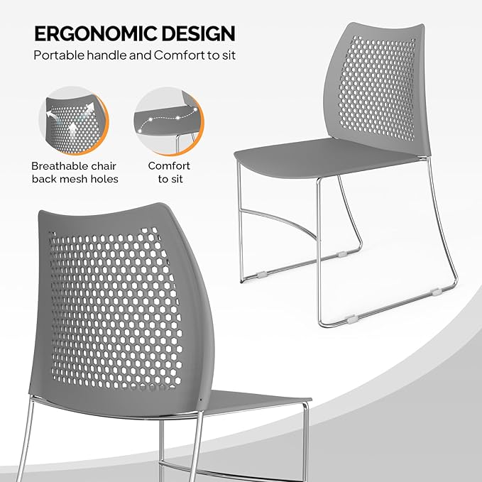 VINGLI Stacking Chairs Set of 8 Stackable Office Chairs with Metal Sled Base, Ergonomic Plastic Seat & Holes Back, Stacking Chairs for Waiting Room Break Room Banquet Guest, Grey