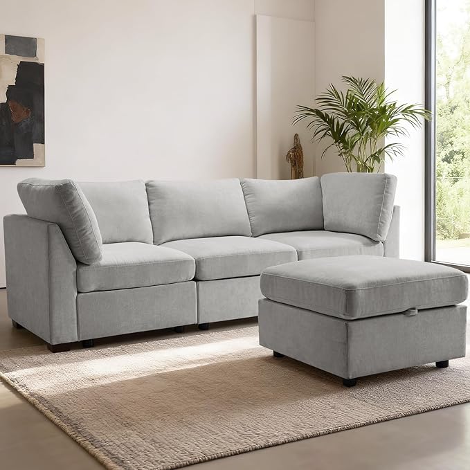 EDILLY 94 inches Oversized Modular Sectional Fabric Cloud Sofa Set, Extra Large L Shaped Couch Reversible Chaise Couch,3 Seat Modular Sofa with Storage Ottoman, Light Grey