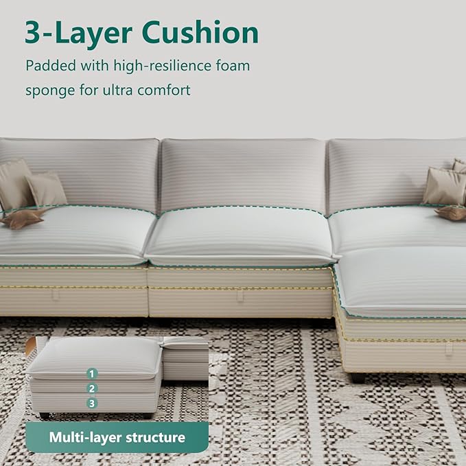 Modular Sectional L Shaped Sofa Couches with Storage Ottoman, Cloud Couch for Living Room, Comfy Sofa with Pillow, White