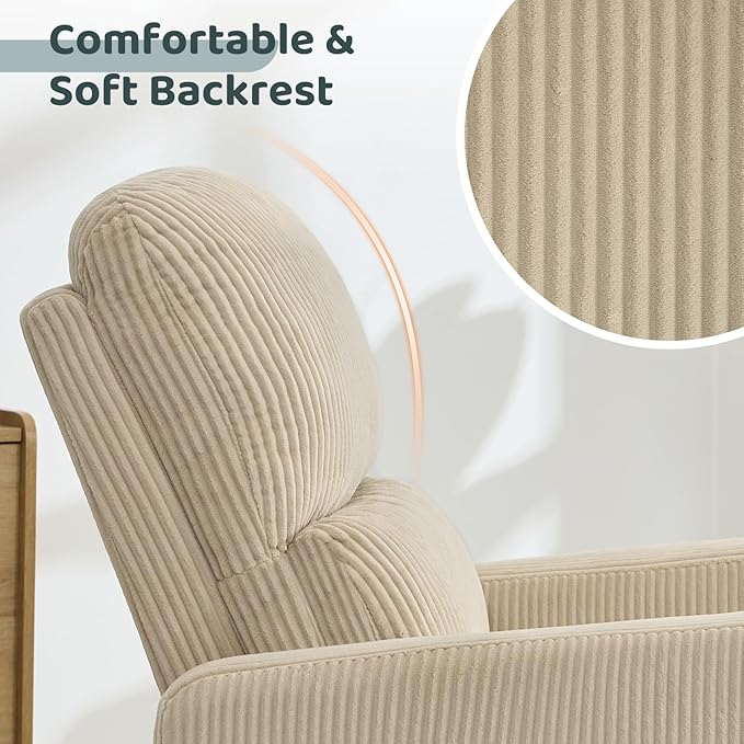 AEMEIOS Swivel Rocker Recliner, Oversized Power Recliner Nursery Glider with Removable Cushion, Upholstered Swivel Reclining Chairs for Nursery Living Room Bedroom, Corduroy Camel