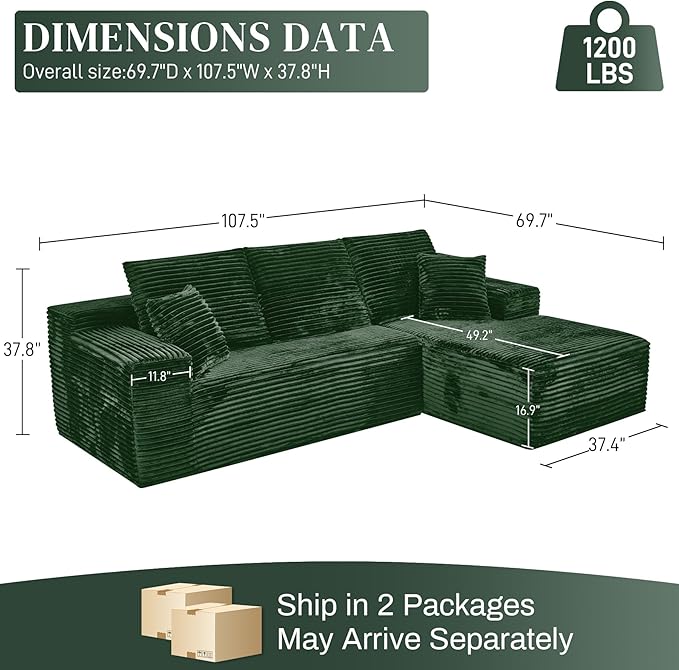 Modular Sectional Sofa Cloud Sectional Couch, 107" Comfy Fluffy L Shaped Green Couches for Living Room, Deep Seat Memory Foam Plush Corduroy Boneless Couch Sectionals with Right Facing Chaise Sofa