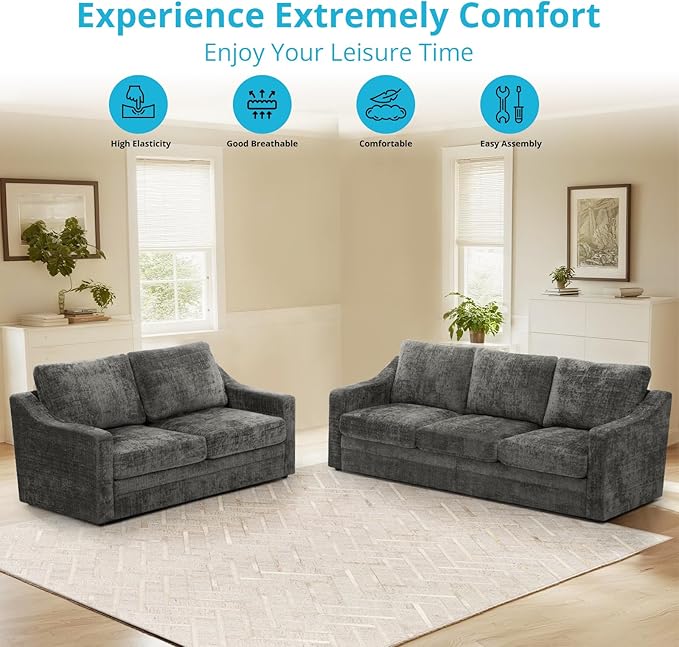 ACMEASE 83 Inches Chenille 3-Seat Sofa w/Comfortable Back Cushions, Modern Sofa w/Deep Seat Space, Upholstered 3 Seater Couch w/High Resiliency Foam for Living Room, Grey