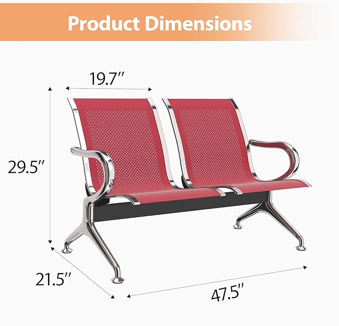 Kinfant 2-Seat Waiting Room Chair - Office Guest Reception Chairs with Ergonomic Backrests, Airport Waiting Bench with Armrests, Metal Waiting Furniture for Hospital, Bank (Dark Red, Set of 3)