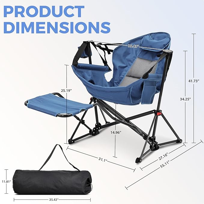 GDY Camping Chairs, Oversized Hammock, Folding Rocking Chairs, Adjustable Back Swing Chairs, Cup Holder, Outdoor Beach Lawn, Navy Blue.