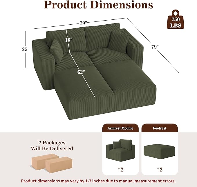 79" Modular Sectional Sofa, Cloud Couch Loveseat Memory Foam Boneless Couch with Chaise, Cozy Upholstered Corduroy Floor Couch, No Assembly Required Living Room Furniture for House Home, Green