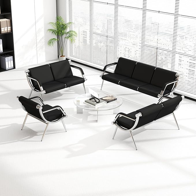 Kinfant Waiting Room Chair- Office Reception Furniture with Armrest and PU Leather Cushion, Office Guest Chair for Waiting Room Airport Hospital Bank Lobby, Black (8 Seat)