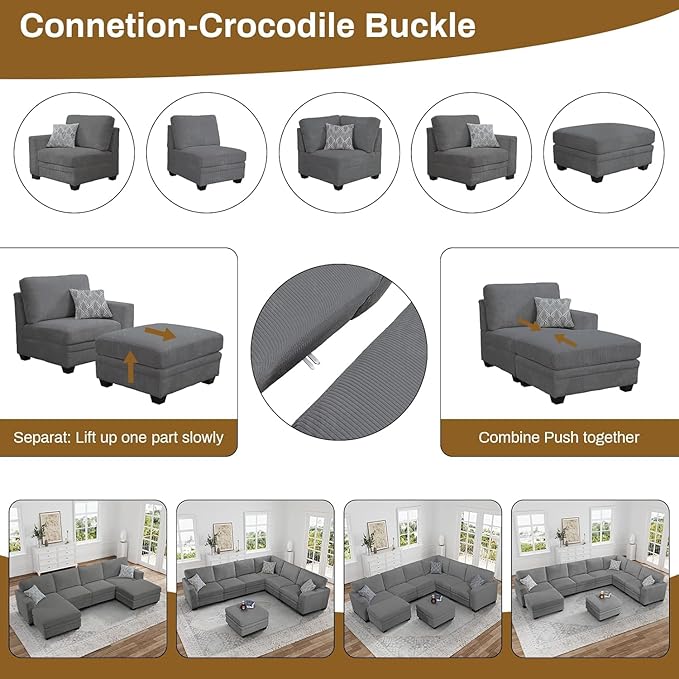Legend Vansen Oversized Modular Sectional Sofa,16 Seat U Shaped Couch with Ottoman,Corduroy Sofa with Deep Seat,Convertible Large Sectional Couches for Living Room(Grey, U-16)