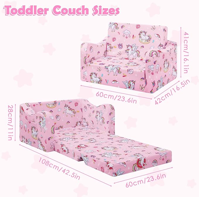 alldomess Comfy Kids Couch, 2-in-1 Folding Kids Sofa Bed for Toddler Girls, Convertible Sofa to Lounger Toddler Couch Chair for Baby Bedroom Playroom Nursery,Unicorns Candies