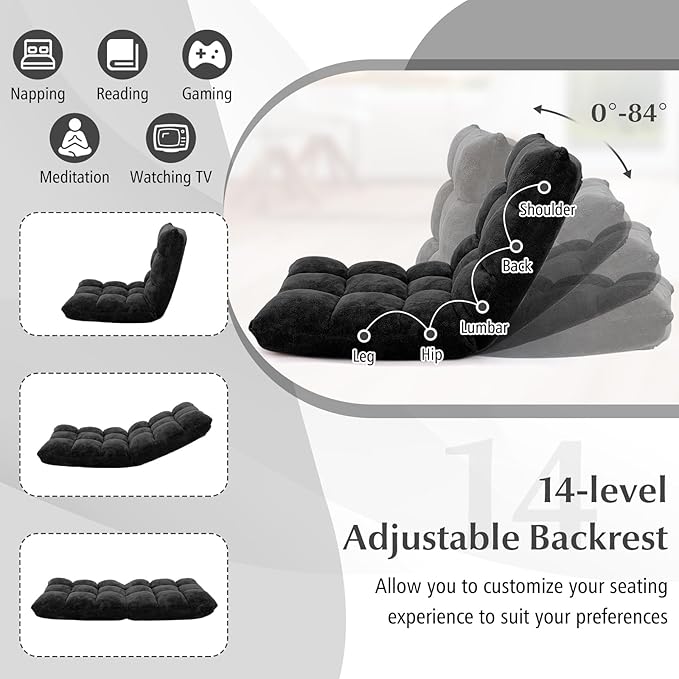 ARLIME Adjustable Floor Chair, 14-Position Lazy Sofa Chair with Back Support & Thick Padding, Portable Foldable Floor Couch for Adults, Kids, Use in Bedroom, Living Room, Home Theater (Black)