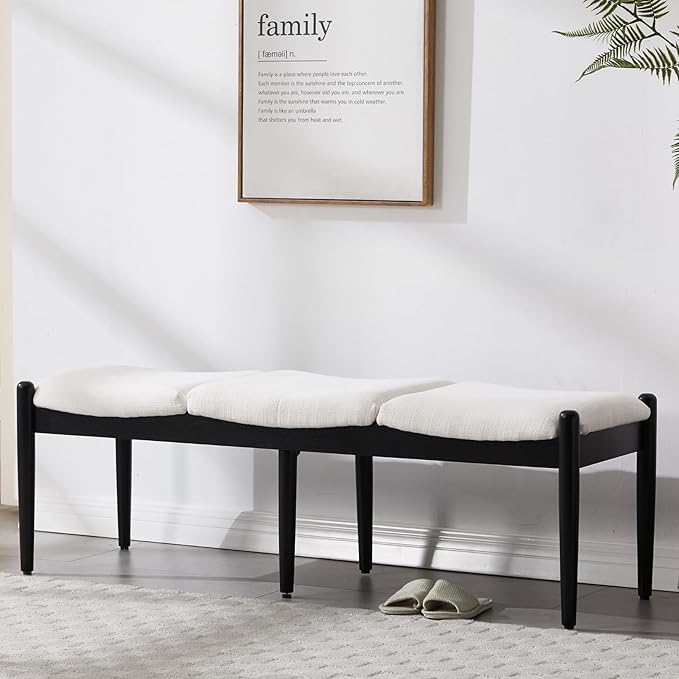 RIVOVA 54.25" Modern Ottoman Bench Upholstered Linen Bedroom End of Bed Bench Boho Bench Long Seating Bench Entryway Stool with Wood Legs for Living Room/Foyer, White