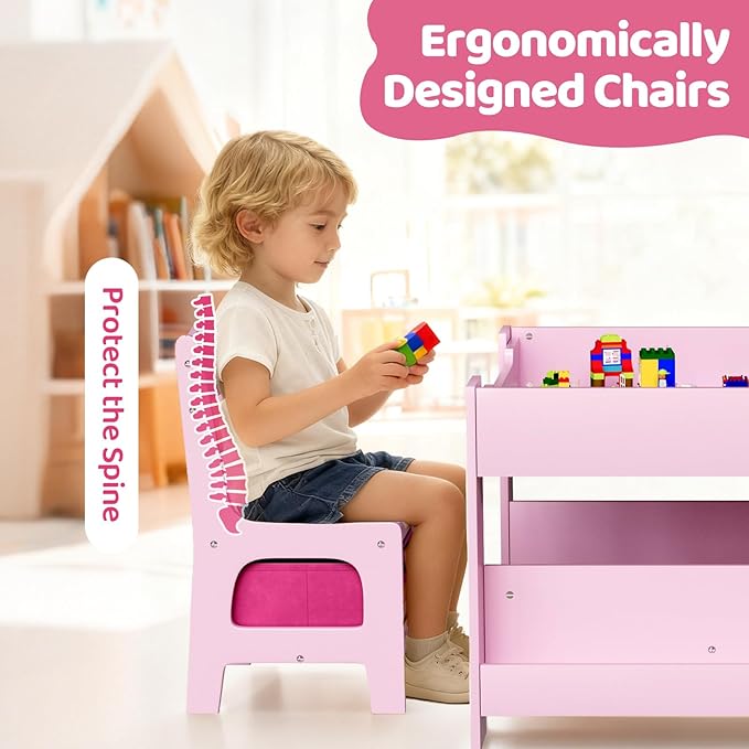 Arlopu Kids Table and Chairs Set, 4 in 1 Toddler Art Desk with Storage Drawer, Wooden Activity Deskboard, Blackboard, Reversible & Detachable Tabletop, Bookshelf for Drawing, Reading (Pink)