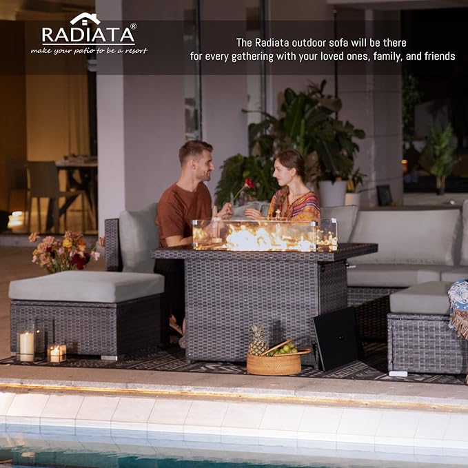 RADIATA 9 Piece Wicker Patio Furniture Set with Fire Pit, All-Weather Outdoor Sectional Couch High Back Large Size, Modular Backyard Seating Sofa Set with Propane/Natural Gas Firepit Table, Light Grey