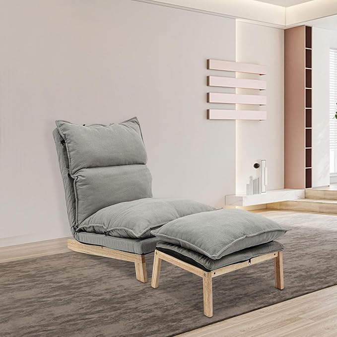 Single Lazy Leisure Chair, Adjustable Recliner Balcony Reclining Japanese Tatami Chair with Ottoman, Floor Seating Lounge Chair with Backrest and Footrest, Upholstered Chair for Living Bedroom (Grey)