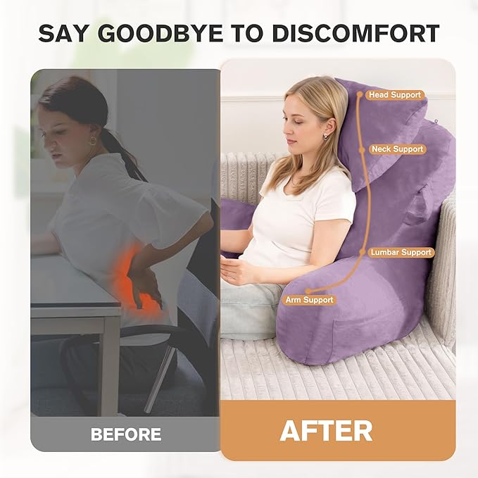 Unisakey Portable Reading Pillows with Headrest for Bed Sitting Up(Lavender Purple Oeko-Tex), Velvet Back Pillow with Arms & Pockets for Adults, Support Memory Foam Bed Pillow for Dorm/Reading/Gaming