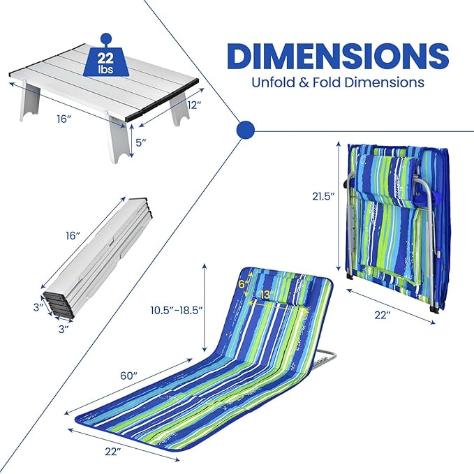 Nightcore 3-Piece Beach Chairs Set for Adults, Adjustable Lawn Chair with Side Table for Outdoor Relaxing & Sun Tanning, Portable & Folding Recline Chaise Lounge for Beach, Patio, Camping (Stripe)
