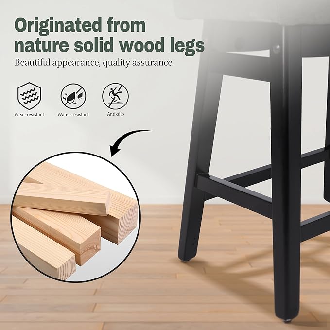 RNKSFX Counter Height Bar Stools Set of 4 for Kitchen Counter Farmhouse Modern Barstools with Faux Leather Upholstered Backless Seat and Solid Wood Legs 24 inch Bar Chairs, Grey + Black