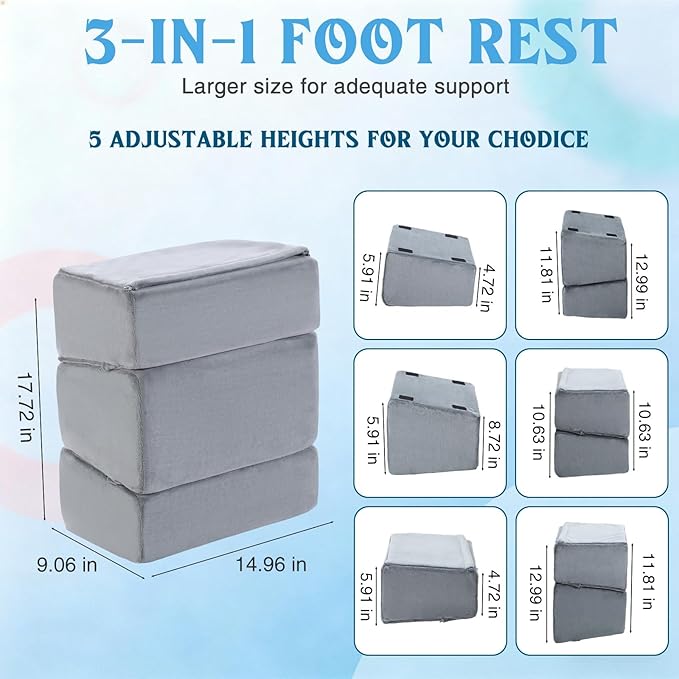 Novabright Adjustable Under Desk Foot Rest, Memory Foam Foot Stool with Gel Top and Warm Pocket Washable Cover Footrest for Office Chair Leg and Back Pain Relief(15" X 9" X 17.7",Parallel,Gray)