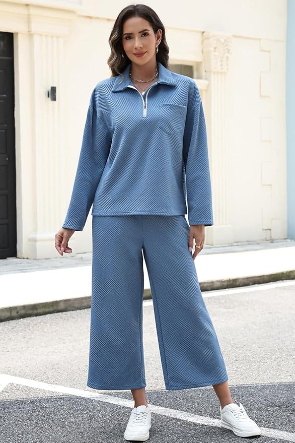 AGSEEM Lounge Sets for Women, Women's 2 Piece Outfits Long Sleeve 1/4 Zip Pullover Cropped Pants 2PC Outfit Comfy Sweatsuits
