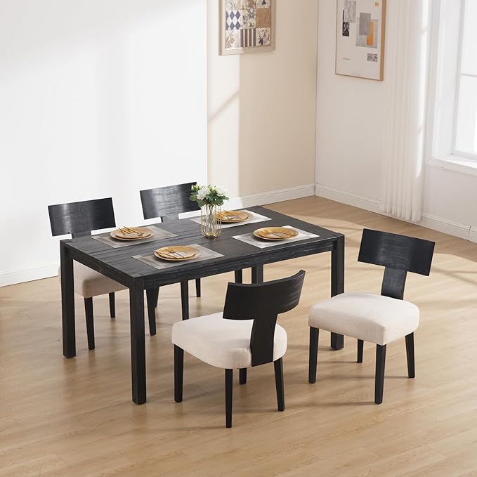 DM Furniture Farmhouse Dining Chairs Set of 6, Linen Fabric Upholstered Kitchen Chairs with Black Distressed Wooden Legs, Comfy Armless Side Chairs for Dining Room/Restaurant, Beige-Black Legs
