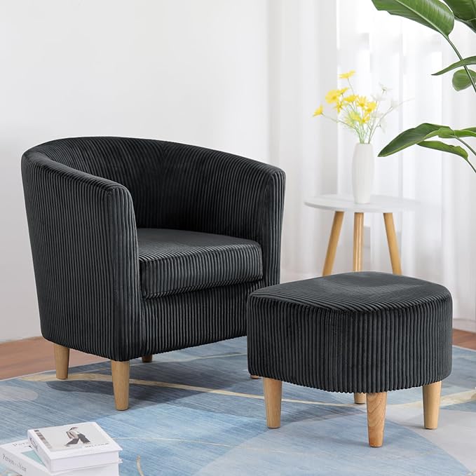 DAZONE Accent Chair, Barrel Chair with Ottoman Comfy Armchair Corduroy Living Room Chairs Mid Century Modern Chair Upholstered Club Tub Sofa Chair for Bedroom Reading Room Charcoal