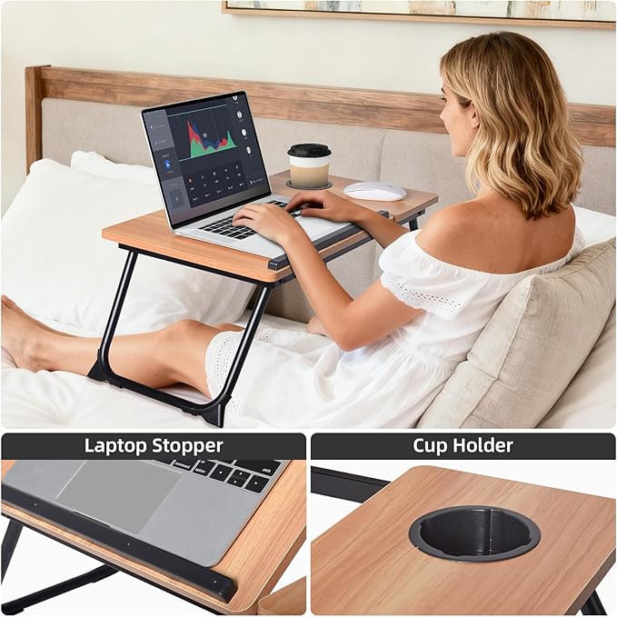 Adjustable Wooden Lap Desk with Flexible Stand, Natural Oak Color, Portable Workstation with Cable Management, Ergonomic Design for Home Office (Wood)
