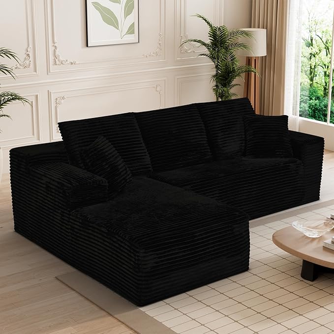 Modular Sectional Sofa Cloud Sectional Couch, 107" Comfy Fluffy L Shaped Jet Black Couches for Living Room, Memory Foam Deep Seat Corduroy Boneless Couch Sectionals Left Facing Chaise Sofas