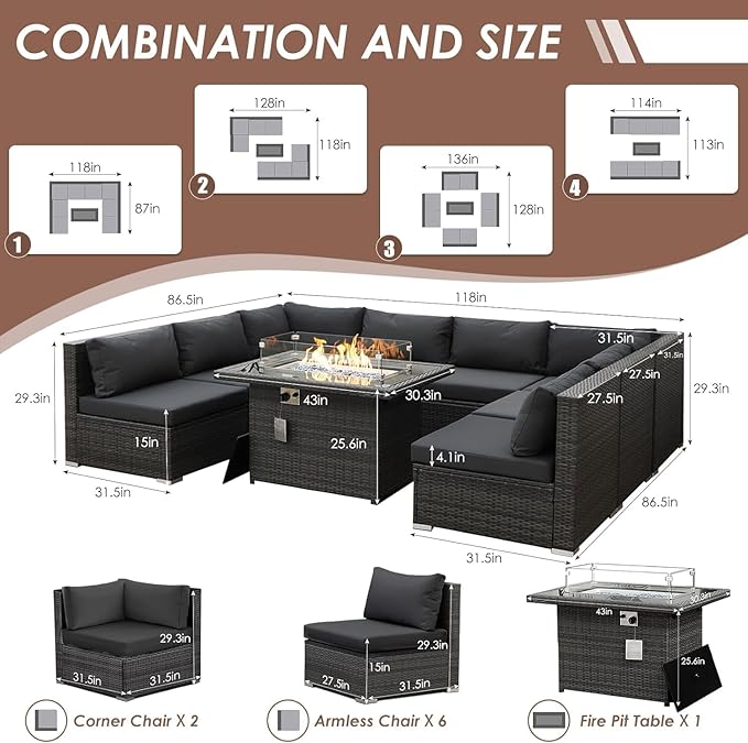 RADIATA 9 Piece Wicker Patio Furniture Set with Fire Pit, All-Weather Outdoor Sectional Couch High Back Large Size, Modular Backyard Seating Sofa Set with Propane/Natural Gas Firepit Table, Dark Grey