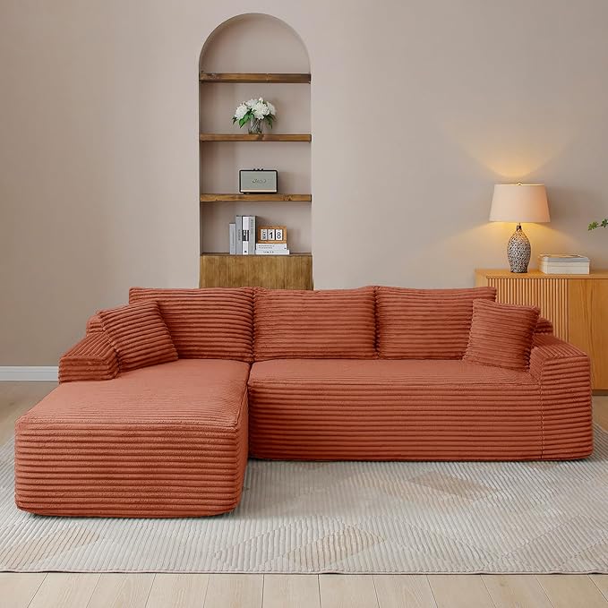 95" Boneless Cloud Sectional Couches for Living Room, Comfy Fluffy L Shaped Memory Foam Deep Seat Boneless Couch, Modular Sectional Sofa with Left Facing Chaise, Orange