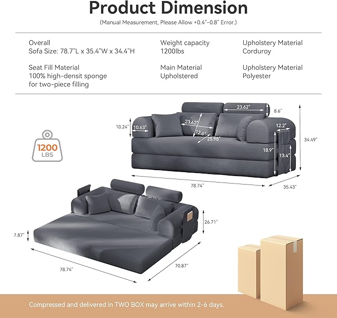 ZQRhome 2026 Upgrade Convertible Sofa Bed, 79 Inch Boneless Couch with Fixed-Shape Frame, Corduroy Fabric with High Backrest, Floor Sofa Modular Futon Couch for Living Room Bedroom Lounge (Dark Grey) | High Backrest, No Assembly, Convertible Sofa, Spac...