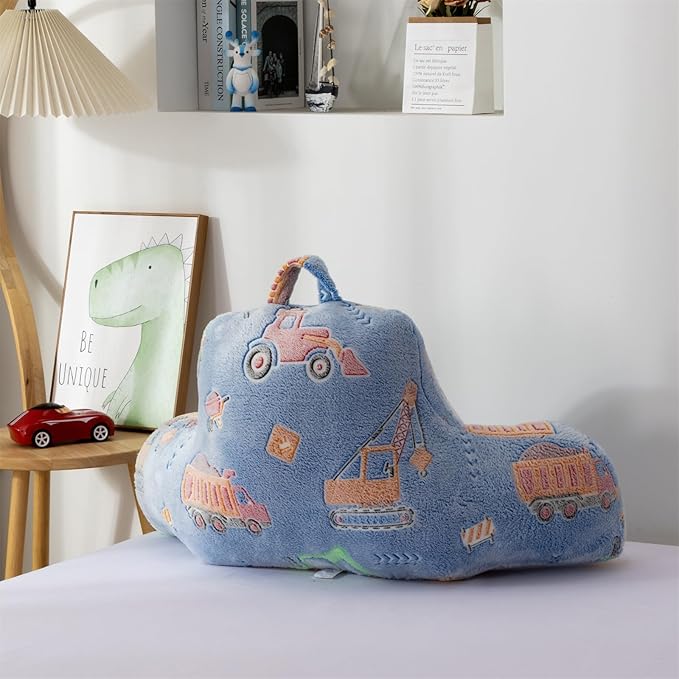 Holawakaka Boys Glow in The Dark Construction Truck Reading Pillow, Backrest Pillow with Excavator, Tractor & Crane Print, Soft Luminous Flannel Bed Rest Back Cushion for Kids, Teens Gifts