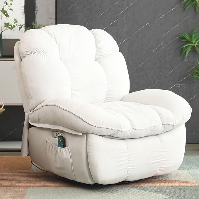 EDWELL Massage Swivel Recliner Chair, Oversized Rocker Recliner with Heated, Vibration Massage and Lumbar Heat Ergonomic Rocker Chair for Adults with Side Pocket, USB Charge Port, White