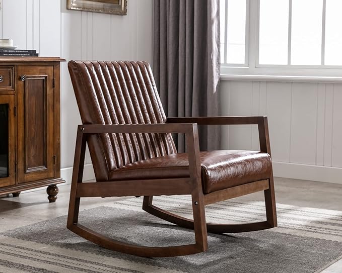 CIMOTA Leather Modern Rocking Chair Mid Century Armchair Upholstered Arm Chair with Padded Seat/Wood Frame, Comfy Rocker for Living Room/Bedroom, Retro Dark Brown PU