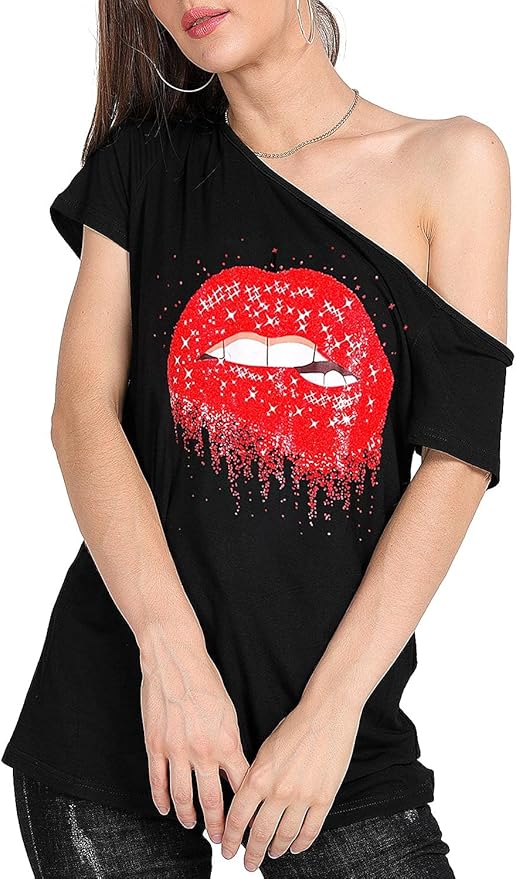 MAGICMK Women’s Short Lips Print Causal Off The Shoulder Plus Size T-Shirt Tops
