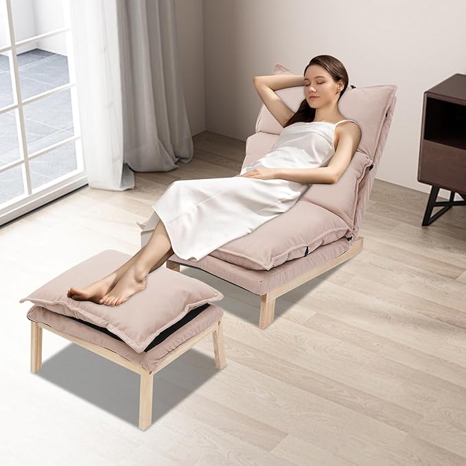 Single Lazy Leisure Chair, Adjustable Recliner Balcony Reclining Japanese Tatami Chair with Ottoman, Floor Seating Lounge Chair with Backrest and Footrest, Upholstered Chair for Living Bedroom (Beige)