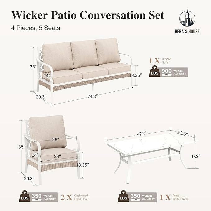 HERA'S HOUSE 4-Piece Patio Furniture Set with Metal & Rattan Design, Includes 2 Fixed Chairs, 3-Seat Sofa & Marble Coffee Table, All-Weather Outdoor Conversation Set for Garden Backyard, Beige