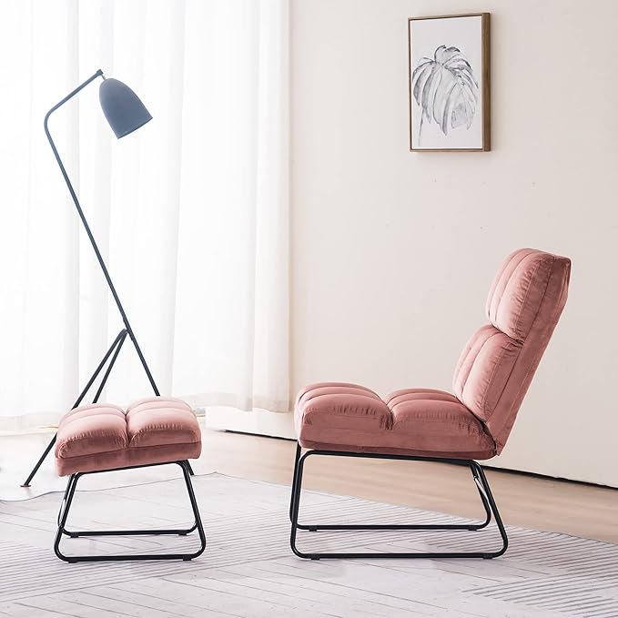 MCombo Velvet Accent Chair with Ottoman Set, Modern Armless Chair for Living Room, Bedroom, Small Space 0014 (Velvet, Pink)