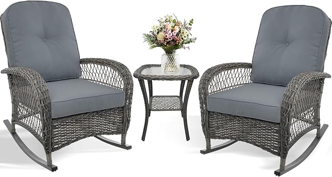 Sgentle Wicker Rocking Chair Set of 2, 3-Piece Outdoor Patio Rocker Chair with Cushions & Steel Frame, All-Weather Outdoor Rattan Rocking Chair with Side Table for Lawn Porch Garden (Grey, Style 3)