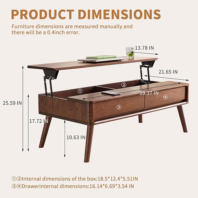 QKFF Wood Lift Top Coffee Table, 100% Solid Oak Wood Small Rising Dining Center Tables with Storage Shelf and Hidden Compartment for Living Room 40D x 22W x 26H