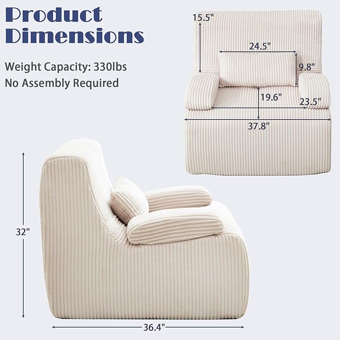38" Bean Bag Single Chair for Living Room Bedroom, Corduroy Boneless Chair with Armrest and Pillow, Memory Foam Beanbag Couch, Lazy Floor Sofa for Reading Gaming Living Room Bedroom (2, Beige)