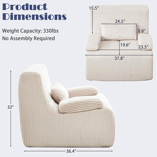 38" Bean Bag Single Chair for Living Room Bedroom, Corduroy Boneless Chair with Armrest and Pillow, Memory Foam Beanbag Couch, Lazy Floor Sofa for Reading Gaming Living Room Bedroom (2, Beige)