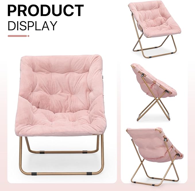 Athena Collection Saucer Chair for Adult, Square Comfy Cozy Chair Folding Chair Faux Fur Metal Frame Foldable Reading Chair Accent Chair for Bed Room Living Room, Pink
