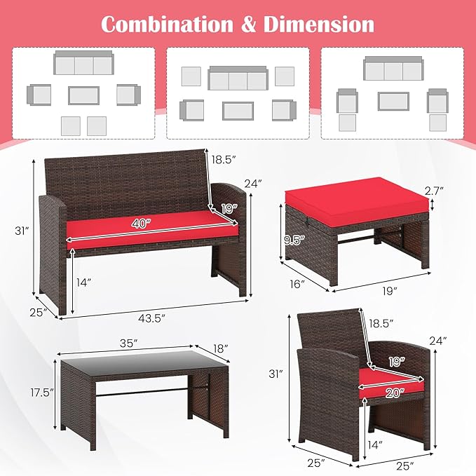 Tangkula 6 Pieces Patio Furniture Set, Outdoor Sectional Conversation PE Rattan Sofa Set with 1 Loveseat, 1 Coffee Table, 2 Armchairs and 2 Ottomans for Garden, Deck, Backyard and Poolside (Red)