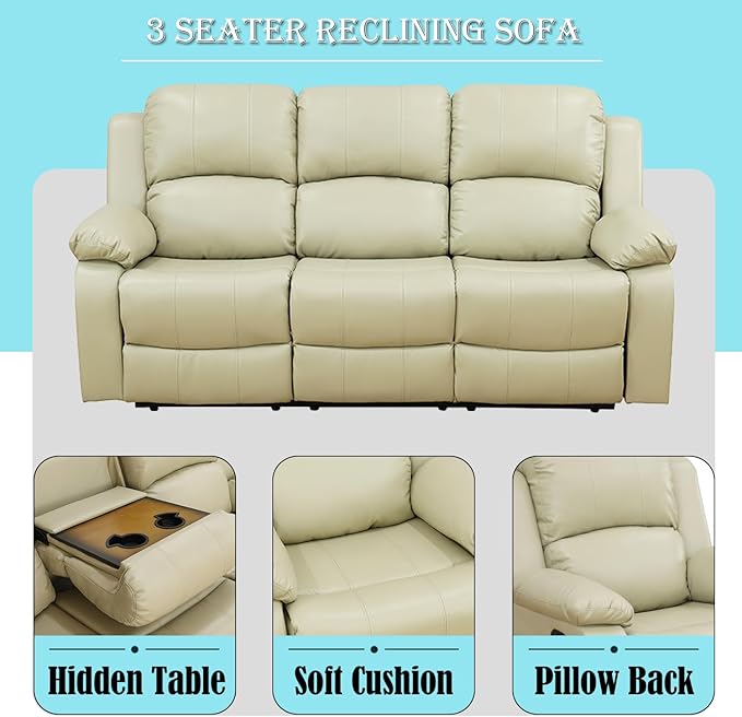 Caberryne Leather Recliner Sofa，Reclining Sofa for Living Room Furniture Sets，Beige Wall Hugger Recliner Couch with Cupholder for Living Room/Office/Theater Seating(3 Seater Sofa)