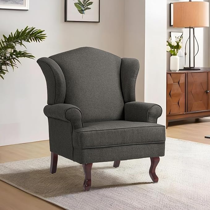 DREAMSIDEA Accent Chair, High Back Upholstered Armchair with High Resilience Sponge & Wood Legs, Mid-Century Modern Comfy Single Sofa Reading Chairs for Living Room, Bedroom (Dark Grey, Set of 2)
