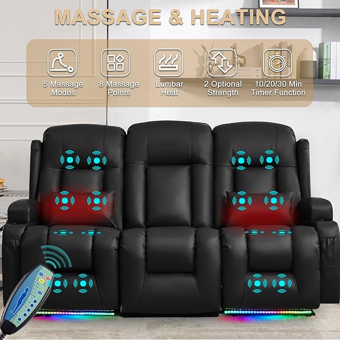 URRED Loveseat Recliner Sofa with Massage and Heat, Flip Middle Backrest Design 3 Seat Power Reclining RV Sofa Couch, Home Theater Seating with LED Lights, USB Ports, Outlets, Faux Leather, Black
