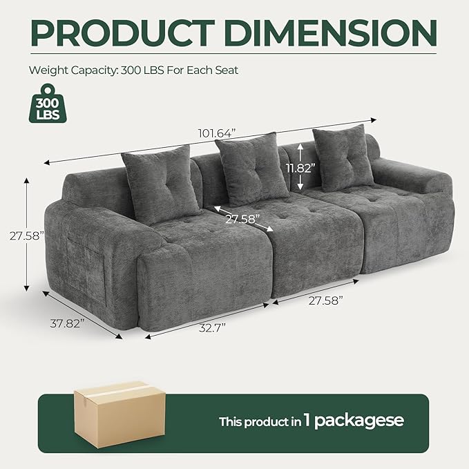 YAAREE 101.65” Modular Sectional Couch for Living Room, 3-Seater Cloud Sofa with Deep Seat, Woven Texture Upholstery Boneless Couch, No Assembly, Grey