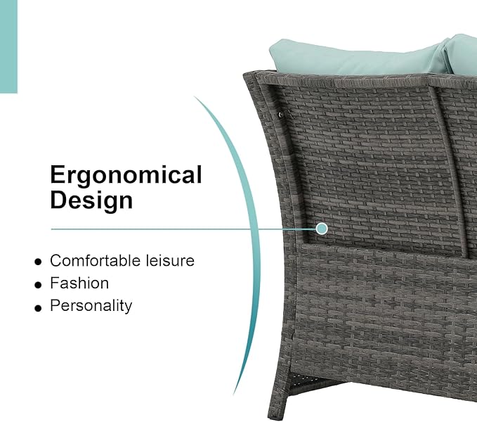 OC Orange-Casual 2-Piece Outdoor Patio Furniture Wicker Love-seat and Coffee Table Set, with Built-in Storage Bin, Grey Rattan, Green Cushions